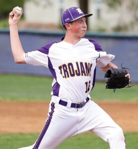 The Trojans’ Jake Richardson delivers a pitch during Essex’s home game against Northumberland.