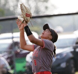 Rappahannock right fielder Kaylee Johnson settles under a fly ball during the Lady Raiders Region 1A championship game victory over Lancaster.