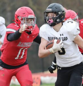 Rappahannock’s Samuel Kelly prepares to get a grasp on Buffalo Gap running back Isaac Goff.